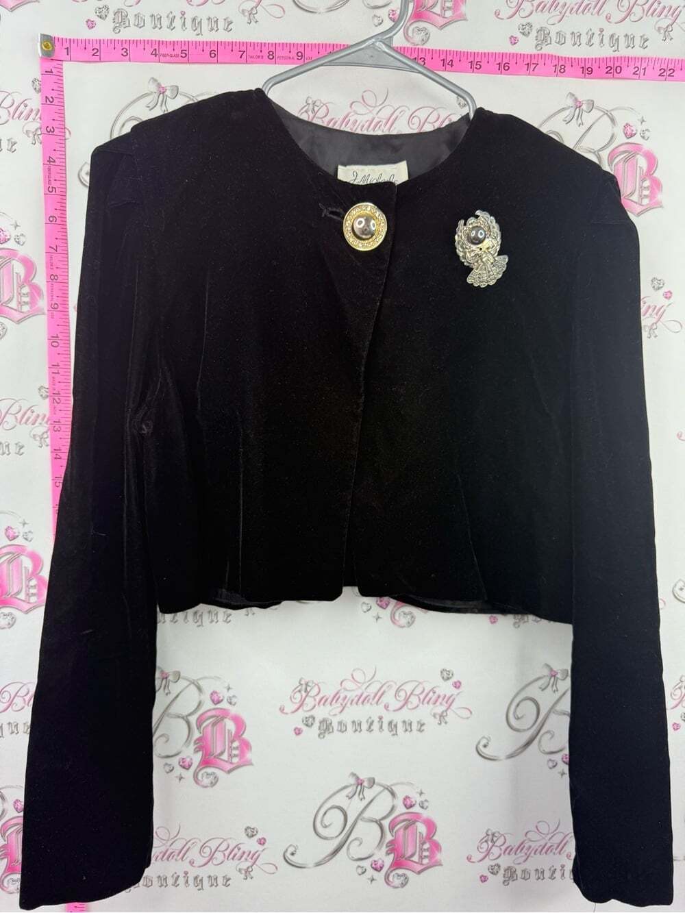 J. Michael’s blazer Black Velvet Cropped Blazer Jacket with Decorative Brooches
